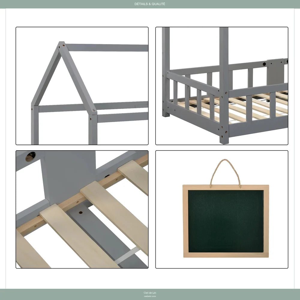 Détails qualité lit cabane Montessori : toit maison, garde-corps, lattes, tableau