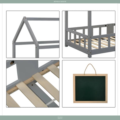 Détails qualité lit cabane Montessori : toit maison, garde-corps, lattes, tableau
