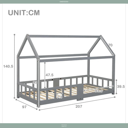 Dimensions lit cabane Montessori enfant : 207x97x140,5cm, bois pin massif gris 90x200cm