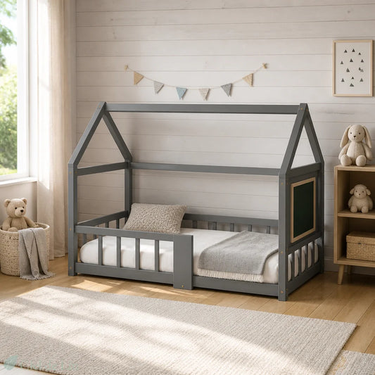 Lit cabane Montessori enfant bois massif gris 90x200cm, vue frontale scandinave