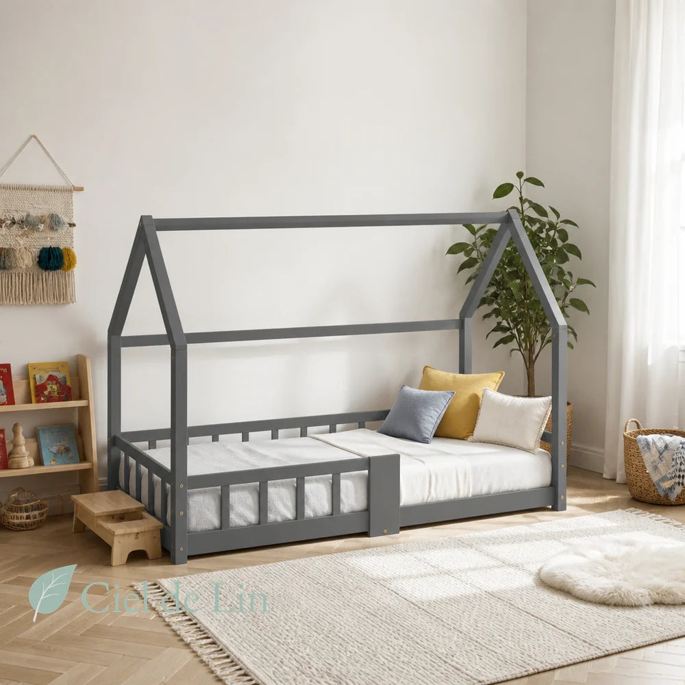 Chambre Montessori complète avec lit cabane enfant bois gris 90x200cm