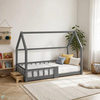 Chambre Montessori complète avec lit cabane enfant bois gris 90x200cm