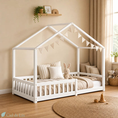 Lit cabane bois massif blanc Montessori 90x200cm côté – Ciel de Lin