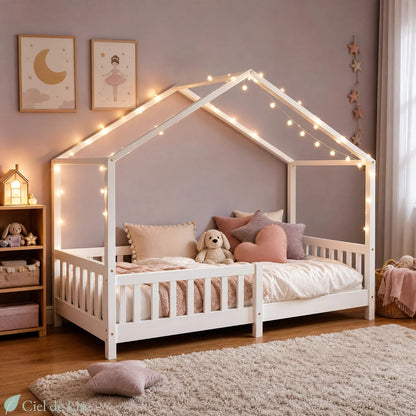 Lit cabane bois massif blanc Montessori 90x200cm chambre – Ciel de Lin