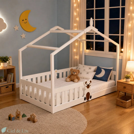 Lit cabane Montessori toit triangulaire 90x200cm frontal – Ciel de Lin