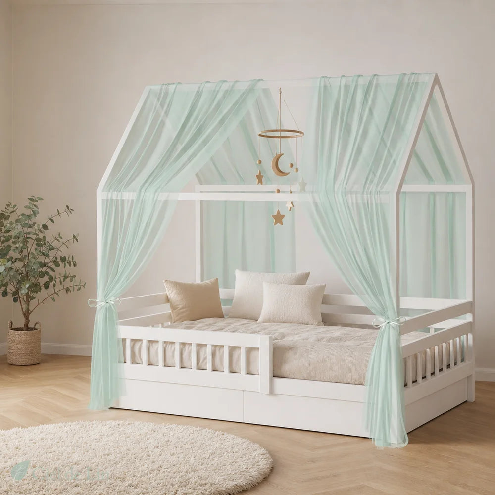 Voile lit cabane enfant vert sauge 150x350cm – Ciel de Lin